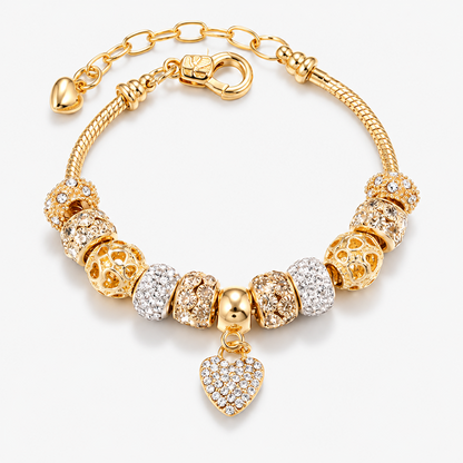 Gold-Tone Heart Charm Bracelet with Decorative Beads and Adjustable Extender