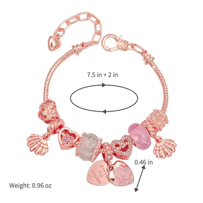 Rose Charm Bracelet for Women Teen Girls Sweet Rose Flower Heart Pendant Bangle Layering Beaded Chain Bracelet Valentine's Day Birthday Romantic Jewelry Gift for Her