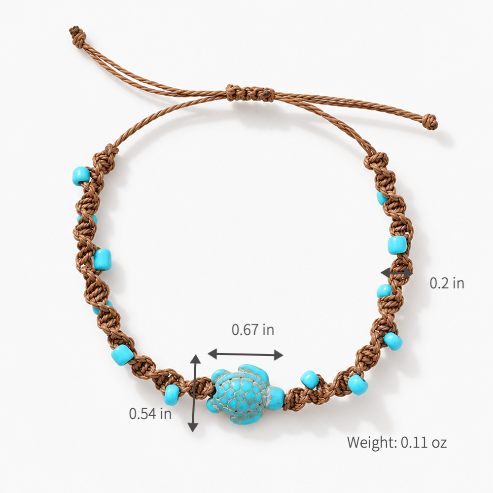adjustable turtle bracelet with brown knotted cord and turquoise-colored beads
