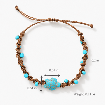 Adjustable Turtle Bracelet with Brown Knotted Cord and Turquoise-Colored Beads