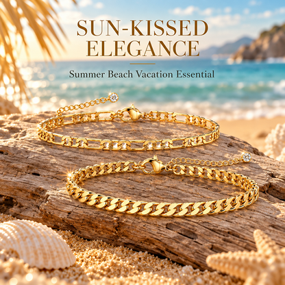 Gold-Tone Stainless Steel Anklet Set, Cuban and Figaro Chains with Adjustable Extenders, 2 Pieces