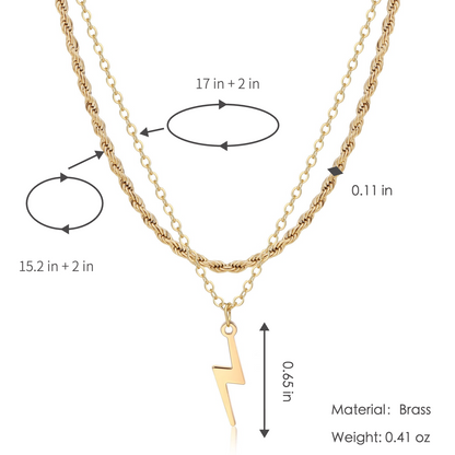 Layered Gold-Tone Lightning Bolt Pendant Necklace for Women Chunky Rope Chain Double Layer Dainty Cable Choker Trendy Y2K Aesthetic Jewelry Gift for Her Everyday Minimalist Collar Necklace