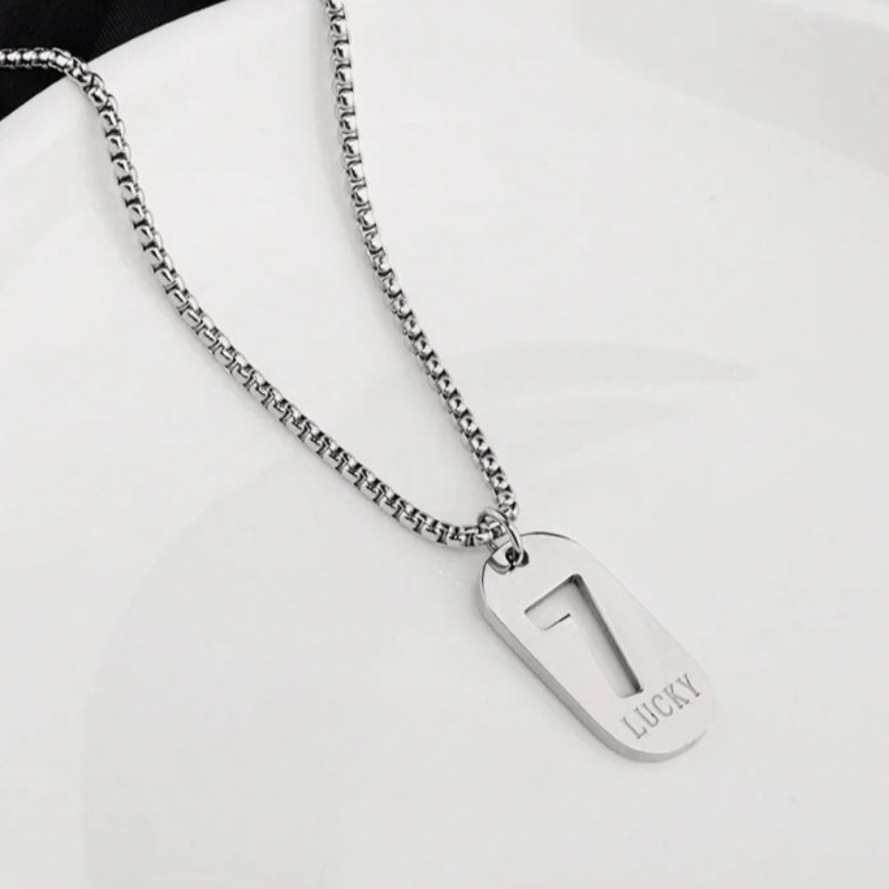lucky number 7 pendant necklace for men women premium titanium steel dog tag nameplate hip hop punk streetwear jewelry long box chain sweater necklace gift