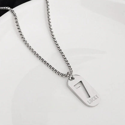 Lucky Number 7 Pendant Necklace for Men Women Premium Titanium Steel Dog Tag Nameplate Hip Hop Punk Streetwear Jewelry Long Box Chain Sweater Necklace Gift