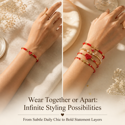 Boho Chic 4-Piece Red String & Gold-Tone Heart Bracelet Stack | Lightweight Adjustable Braided Cord Beaded Charm Bracelets Set Perfect for Daily Wear & Gifting