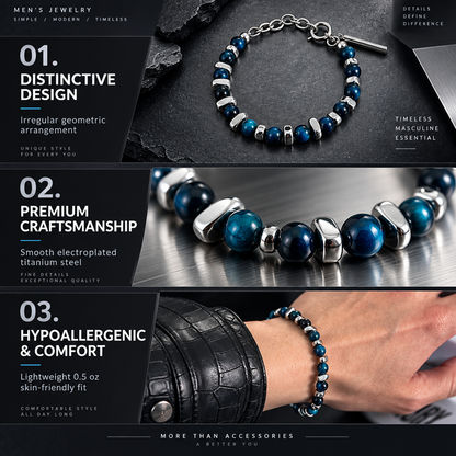 Men's Blue Bead Bracelet with Silver-Tone Spacers and Adjustable Chain