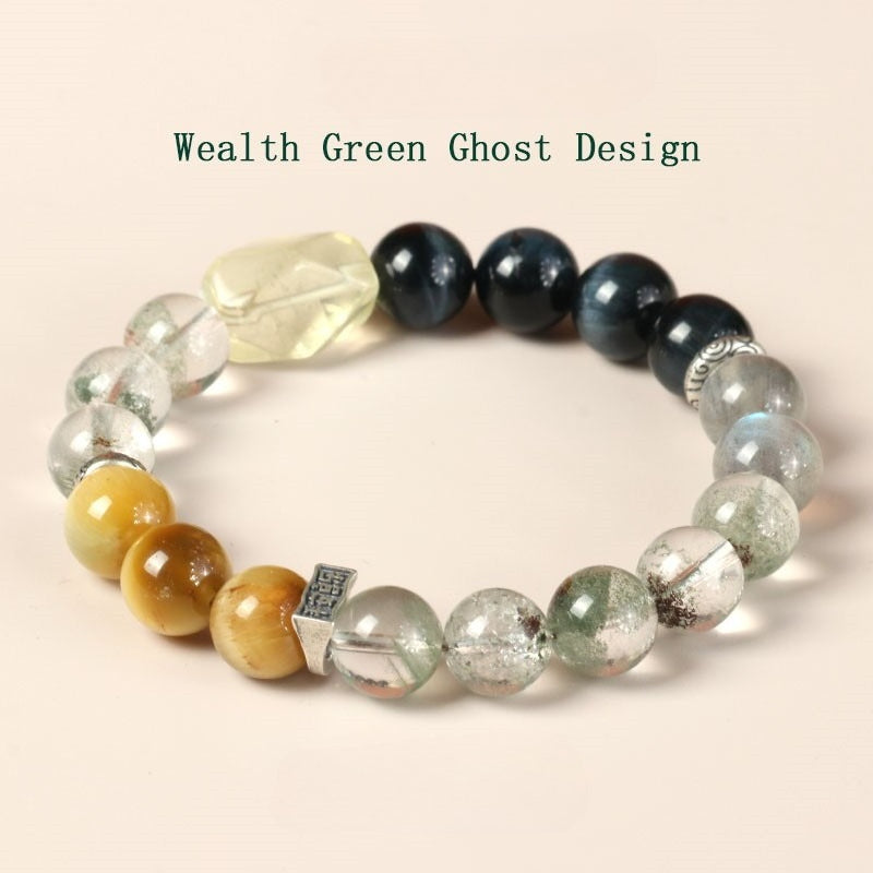 wealth green ghost crystal bracelet with yellow quartz & tiger eye | unique women’s energy bracelet