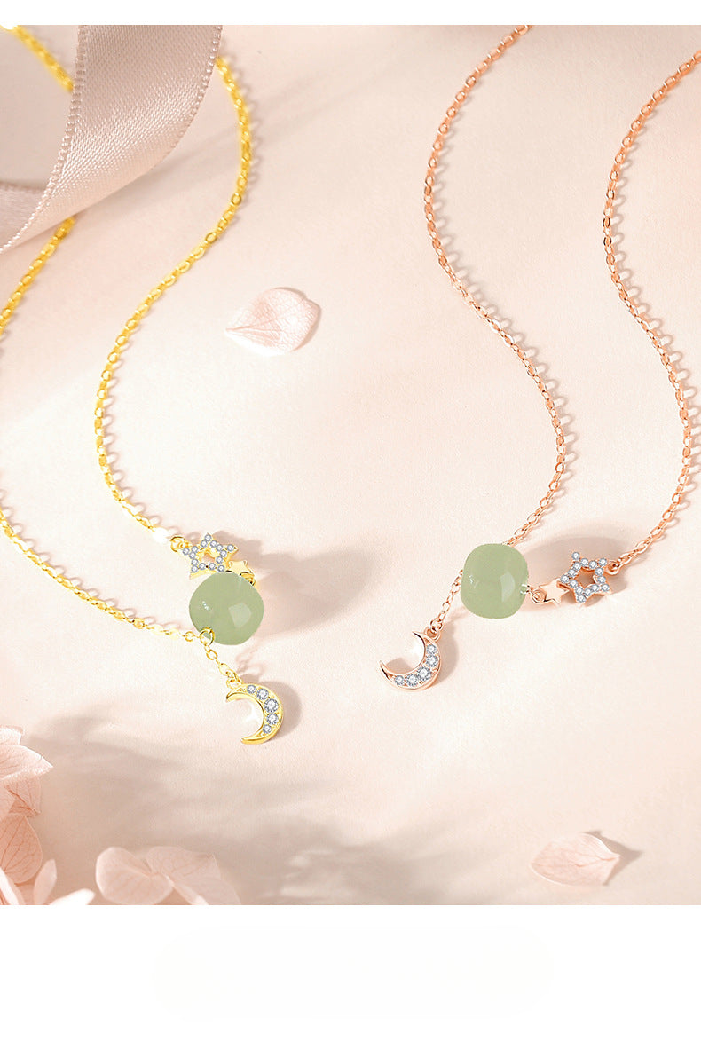 Real Jade Necklace - 925 Silver Star Moon Hetian Collarbone Chain | STAR8S