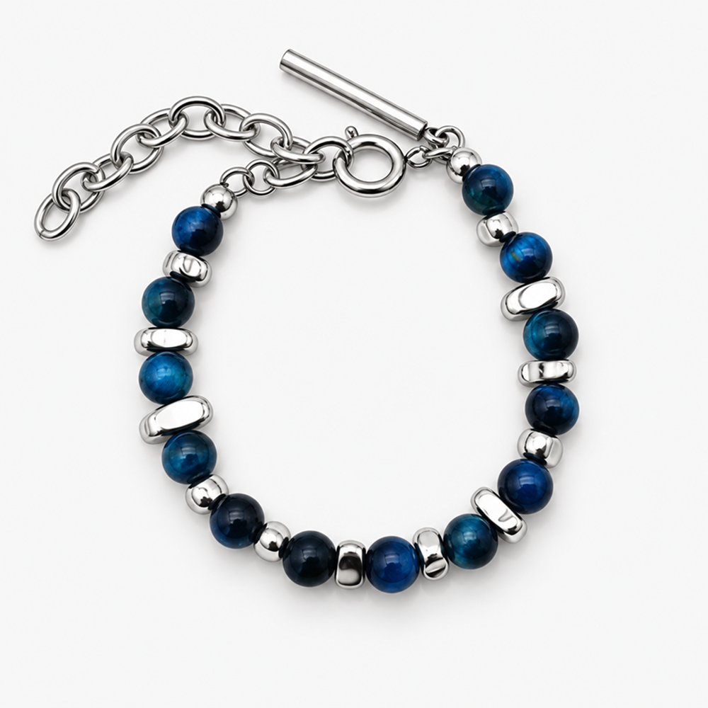 men's blue bead bracelet with silver-tone spacers and adjustable chain