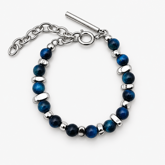 Men's Blue Bead Bracelet with Silver-Tone Spacers and Adjustable Chain