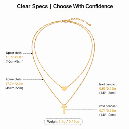 Layered Cross Necklace for Women Stainless Steel Gold Plated Dainty Open Heart Charm Pendant Double Strand Chain Choker Minimalist Christian Faith Religious Amulet Trendy Jewelry Gift for Her Girlfriend