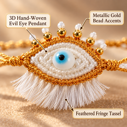 White and Gold-Tone Evil Eye Bracelet Set with Tassel Detail and Adjustable Sliding Knots, 2 Pieces