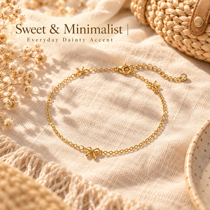 Gold-Tone Brass Bow Anklet with Adjustable Extender and Lobster Clasp