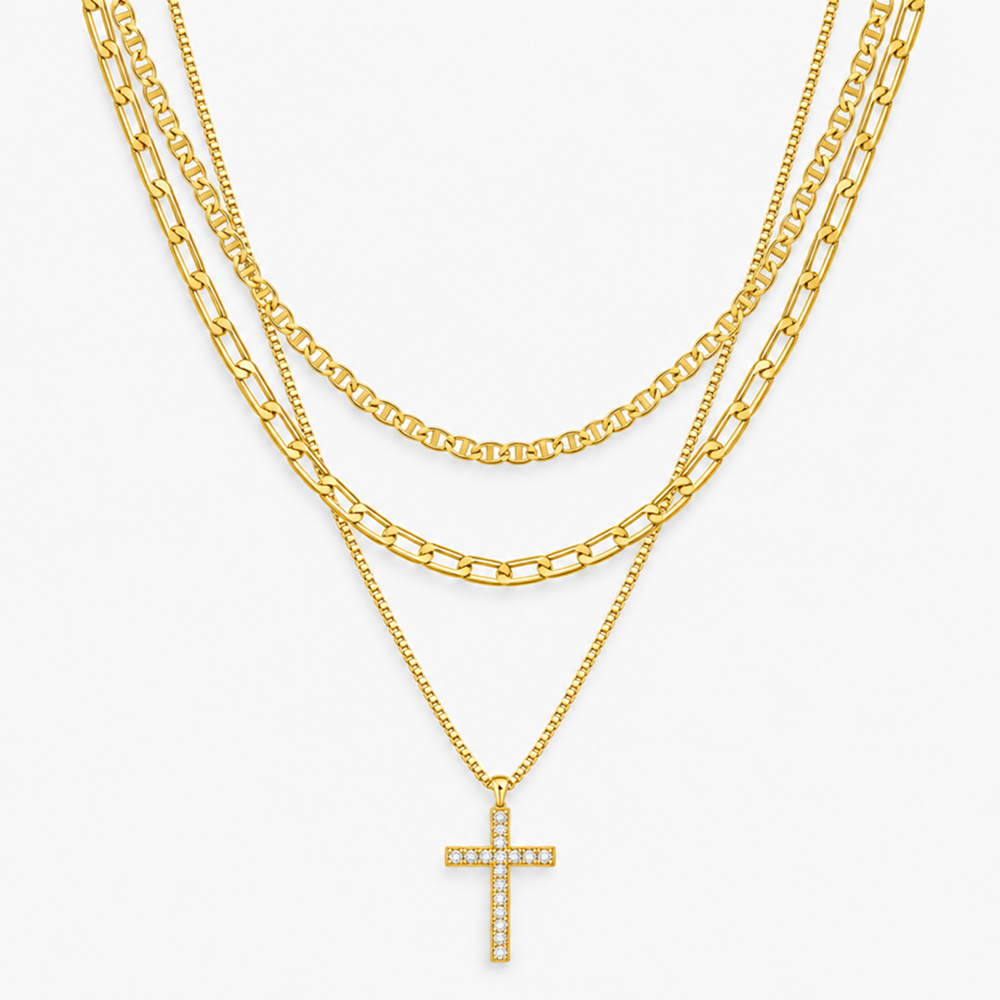 layered cross necklace set for women, 3 gold-tone electroplated brass chains with sparkling cross pendant, flat link and paperclip styles, 15, 16 and 18 inch lengths with 2 inch extenders, lobster clasps, everyday jewelry for blouses, dresses and swe