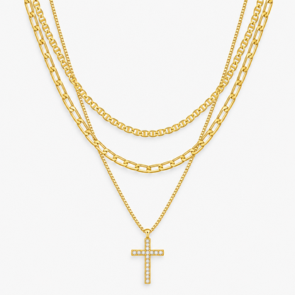 Layered Cross Necklace Set for Women, 3 Gold-Tone Electroplated Brass Chains with Sparkling Cross Pendant, Flat Link and Paperclip Styles, 15, 16 and 18 Inch Lengths with 2 Inch Extenders, Lobster Clasps, Everyday Jewelry for Blouses, Dresses and Swe