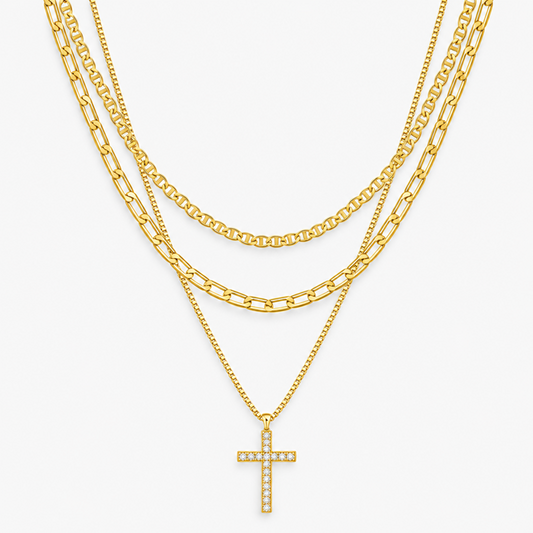 Layered Cross Necklace Set for Women, 3 Gold-Tone Electroplated Brass Chains with Sparkling Cross Pendant, Flat Link and Paperclip Styles, 15, 16 and 18 Inch Lengths with 2 Inch Extenders, Lobster Clasps, Everyday Jewelry for Blouses, Dresses and Swe