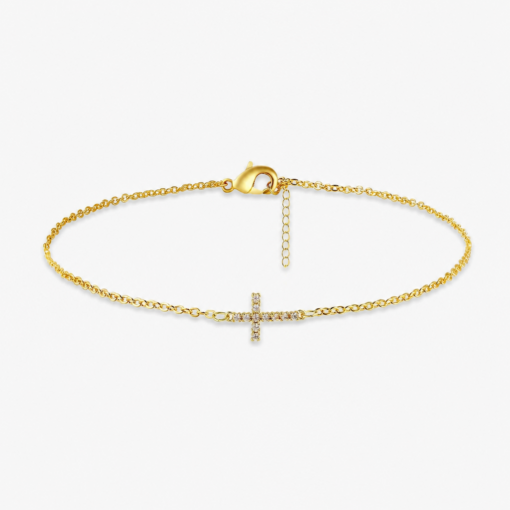 gold-tone cross brass bracelet for women dainty sideways cross chain bracelet sparkly cubic zirconia faith charm jewelry gift adjustable lobster clasp