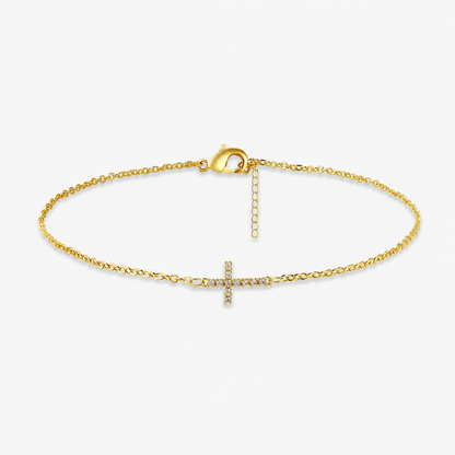 Gold-tone Cross Brass Bracelet for Women Dainty Sideways Cross Chain Bracelet Sparkly Cubic Zirconia Faith Charm Jewelry Gift Adjustable Lobster Clasp
