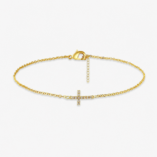 Gold-tone Cross Brass Bracelet for Women Dainty Sideways Cross Chain Bracelet Sparkly Cubic Zirconia Faith Charm Jewelry Gift Adjustable Lobster Clasp