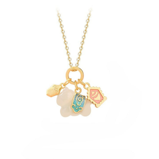 Chinese Zodiac Horse Enamel Jade  S925 Silver Necklace