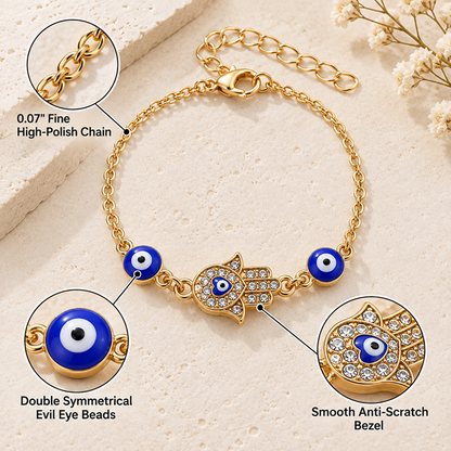 Women's Gold-Tone Evil Eye Bracelet with Hand Charm and Adjustable Extender