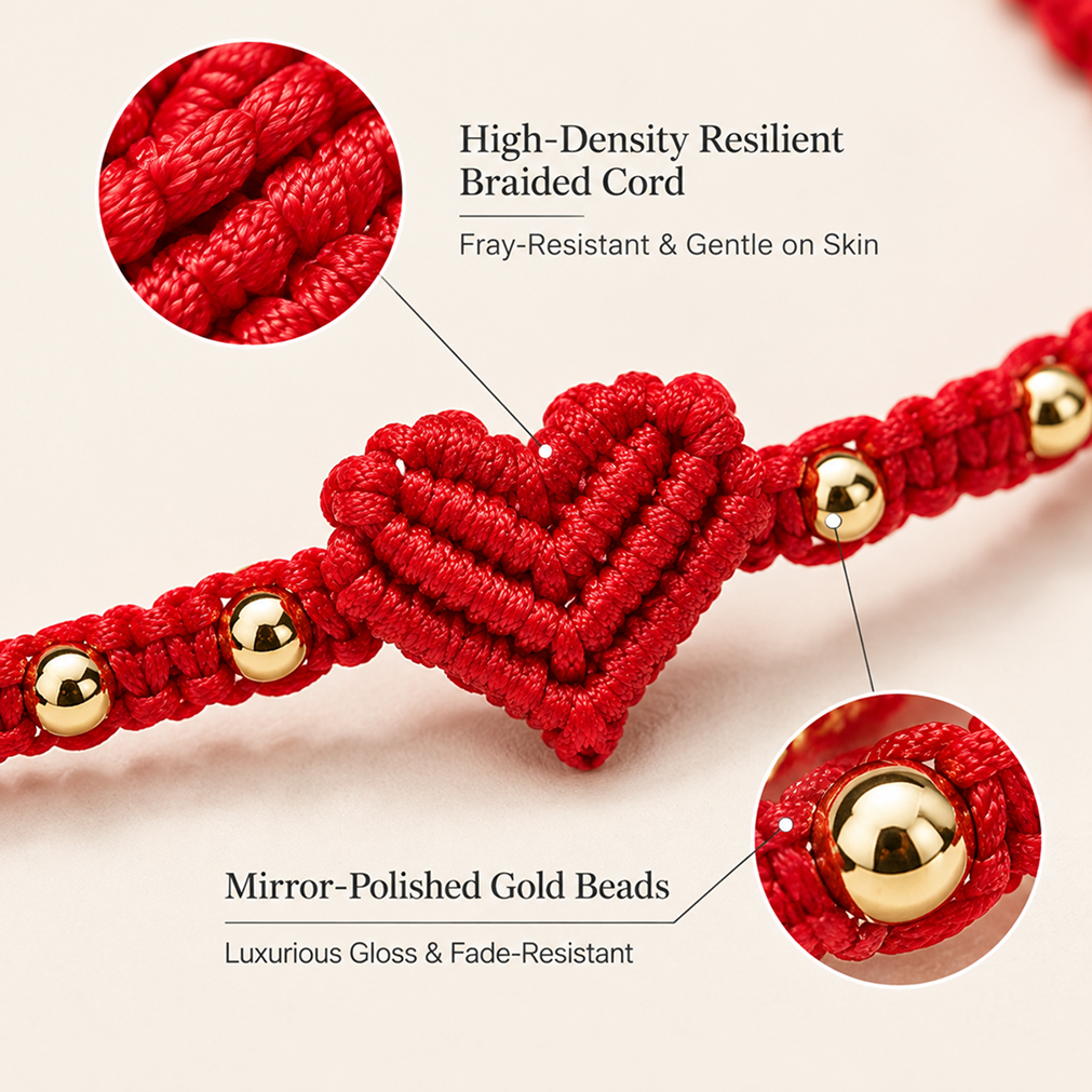 red cord heart bracelet with gold-tone beads, sliding knot and love message card