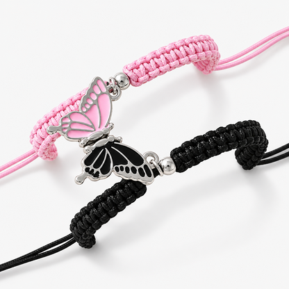 Matching Butterfly Cord Bracelet Set in Black and Pink with Adjustable Sliding Knots, 2 Pieces