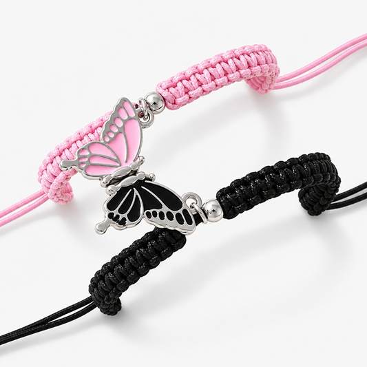 Matching Butterfly Cord Bracelet Set in Black and Pink with Adjustable Sliding Knots, 2 Pieces