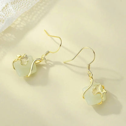 Gingko Leaf Stud 925 Silver Hetian Jade Cube Sugar Earring