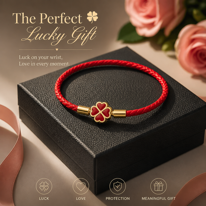 Red String Bracelet for Women Men Stainless Steel Four Leaf Clover Braided Leather Bracelet Lucky Protection Amulet Kabbalah Red Rope Wristband Friendship Jewelry Gift 8.3 Inches