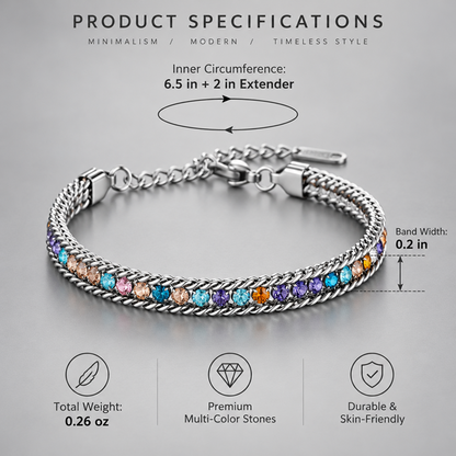 Rainbow Cuban-Style Chain Bracelet for Men and Women, Silver-Tone Double Chain Borders with Multicolor Faceted Accents, Lobster Clasp and 2 Inch Extension, 6.5 Inch Bracelet, 0.2 Inch Width, Colorful Statement Jewelry for Everyday Outfits and Parties