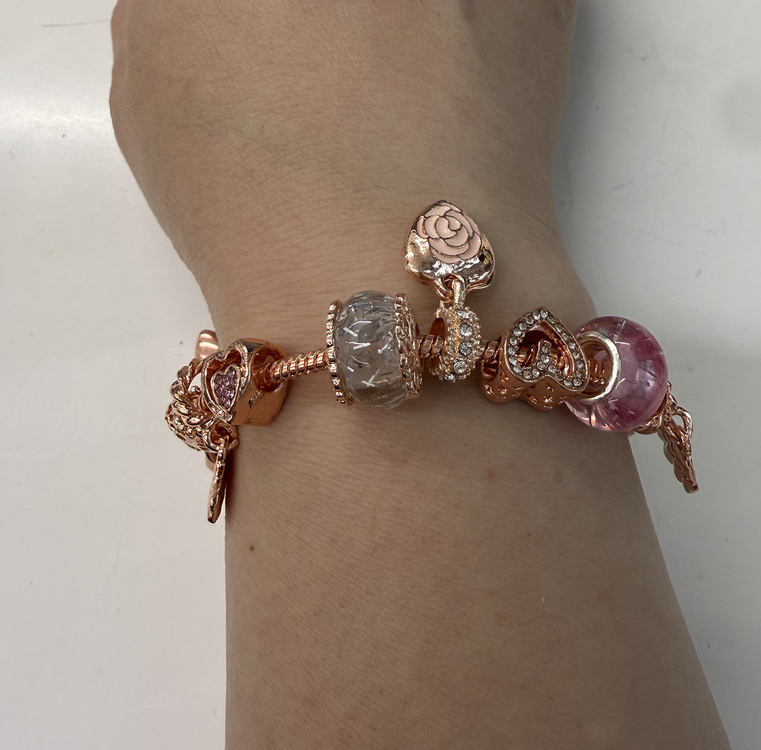 rose charm bracelet for women teen girls sweet rose flower heart pendant bangle layering beaded chain bracelet valentine's day birthday romantic jewelry gift for her