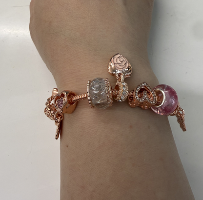 Rose Charm Bracelet for Women Teen Girls Sweet Rose Flower Heart Pendant Bangle Layering Beaded Chain Bracelet Valentine's Day Birthday Romantic Jewelry Gift for Her