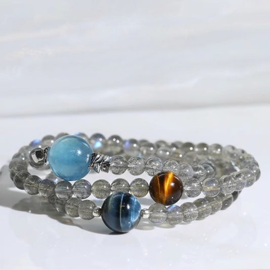 Natural Gray Moonstone Double-Layer Crystal Bracelet with Aquamarine & Tiger Eye | Trendy Women’s Jewelry Gift