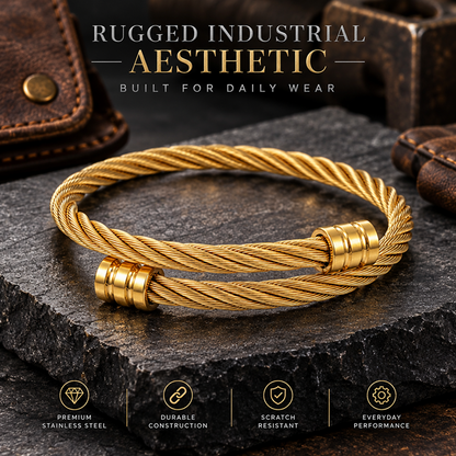 Men's Gold-Tone Stainless Steel Double-Strand Twisted Cable Open Cuff Bracelet