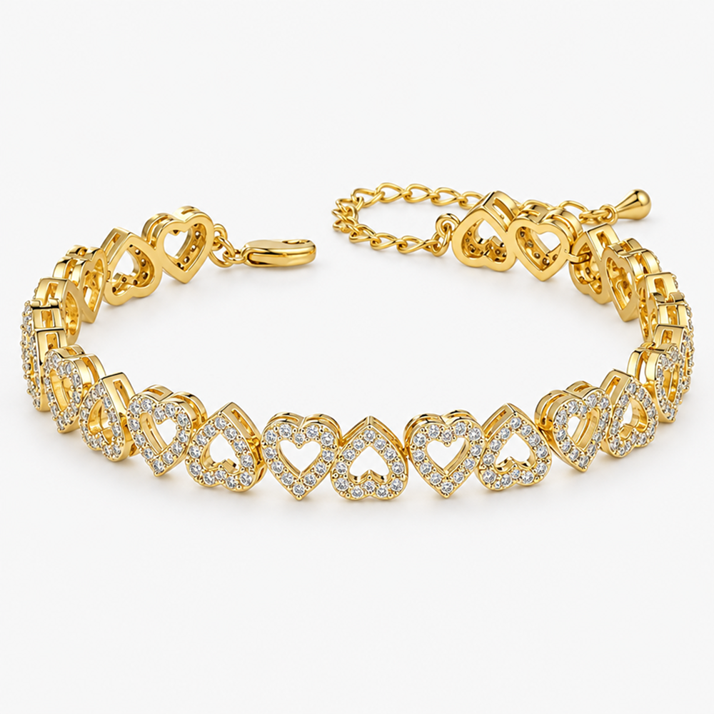heart link bracelet for women, gold-tone brass with zircon stones, alternating open heart design, adjustable 6.69 inch length with 2 inch extender and lobster clasp, sparkling jewelry for daily wear, date nights, weddings, birthdays and anniversary g