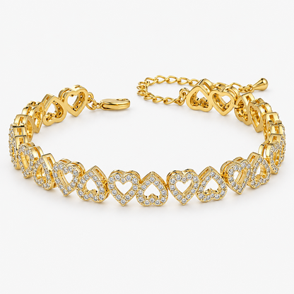Heart Link Bracelet for Women, Gold-Tone Brass with Zircon Stones, Alternating Open Heart Design, Adjustable 6.69 Inch Length with 2 Inch Extender and Lobster Clasp, Sparkling Jewelry for Daily Wear, Date Nights, Weddings, Birthdays and Anniversary G
