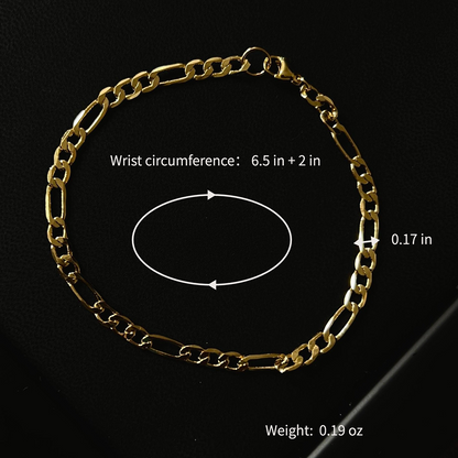 Sleek Tarnish Resistant Gold Tone Figaro Link Copper Bracelet High Polish Classic Italian Style Pattern Adjustable Comfort Fit Non-Fading Everyday Waterproof Hand Ornament