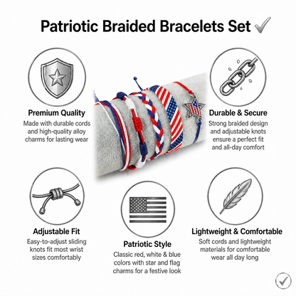 4th of July Patriotic Bracelets Set Red White and Blue Independence Day Braided Rope Bracelets Pack Memorial Day American Flag Star Charm Woven String Stackable Jewelry Gift for Women Men 5Pcs