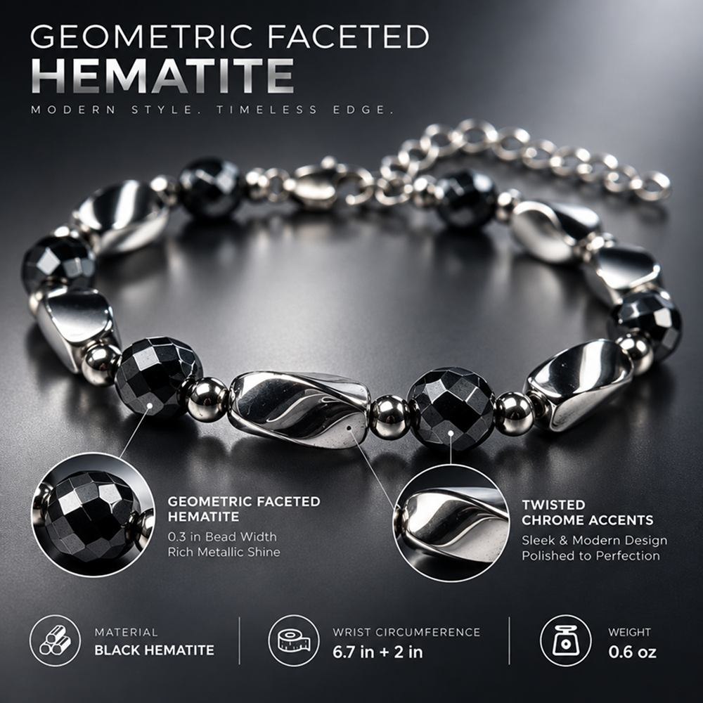 black hematite beaded bracelet for men and women, geometric faceted round beads with polished silver-tone twisted accents, lobster clasp and adjustable extension chain, modern minimalist style for everyday streetwear, watch stacking and casual outfit