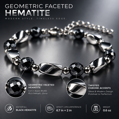 Black Hematite Beaded Bracelet for Men and Women, Geometric Faceted Round Beads with Polished Silver-Tone Twisted Accents, Lobster Clasp and Adjustable Extension Chain, Modern Minimalist Style for Everyday Streetwear, Watch Stacking and Casual Outfit