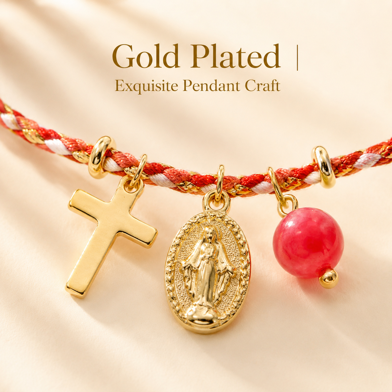 handmade woven cord bracelet for women men gold plated cross pendant oval virgin mary miraculous medal adjustable protection blessing braided cotton rope jewelry gift