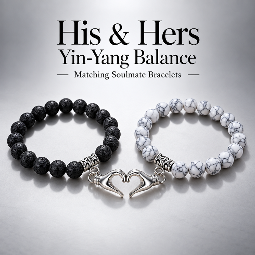 couples' magnetic hand heart bracelets with lava stone and white veined beads