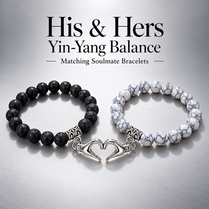 Couples' Magnetic Hand Heart Bracelets with Lava Stone and White Veined Beads