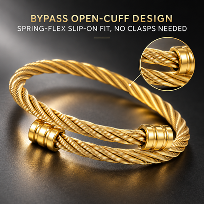 Men's Gold-Tone Stainless Steel Double-Strand Twisted Cable Open Cuff Bracelet