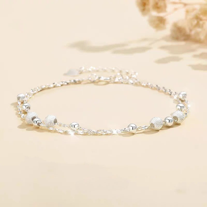 dainty double layer silver tone bracelet for women girls gypsophila sparkling bead bracelet layered cable chain minimalist frosted textured shiny round bead strand stack choker clavicle foot wrist jewelry valentine birthday gift