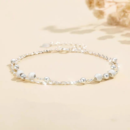 Dainty Double Layer Silver Tone Bracelet for Women Girls Gypsophila Sparkling Bead Bracelet Layered Cable Chain Minimalist Frosted Textured Shiny Round Bead Strand Stack Choker Clavicle Foot Wrist Jewelry Valentine Birthday Gift