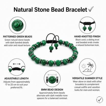 Green Natural Stone Beaded Bracelet, Handmade Adjustable Cord with 8mm Beads, Boho Summer Jewelry for Men and Women