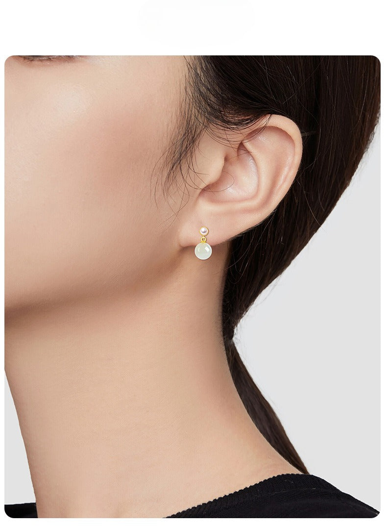 elegant hetian jade & pearl stud earrings | s925 silver inlay | stylish and simple design