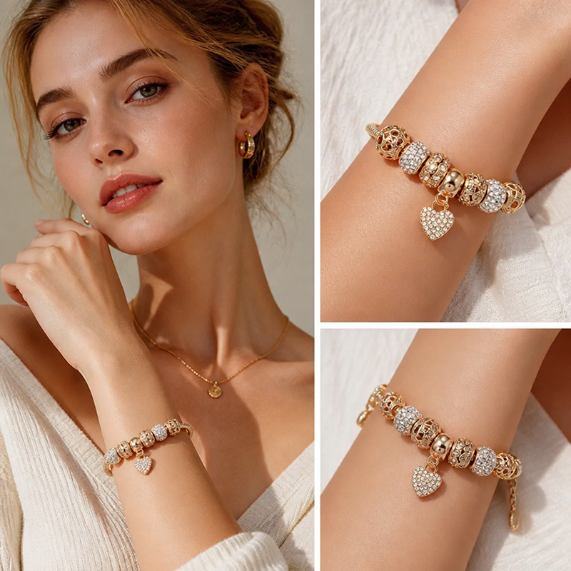 gold charm bracelet for women teen girls sweet love heart pendant bangle layering large hole beaded chain bracelet valentine's day birthday romantic jewelry gift for her